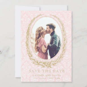 Elegante Laurel Krans Roze Damask Foto Save The Date
