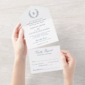 Elegante laurierkrans Blauwe Bruiloft Monogram Cre All In One Uitnodiging (Afscheurbaar)