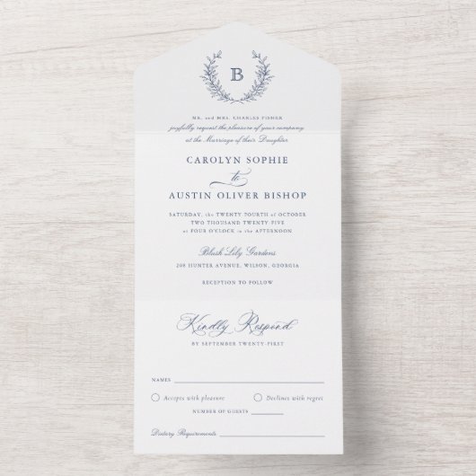Elegante laurierkrans Blauwe Bruiloft Monogram Cre All In One Uitnodiging (Binnen)