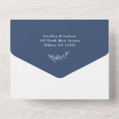 Elegante laurierkrans Blauwe Bruiloft Monogram Cre All In One Uitnodiging (Achterkant)
