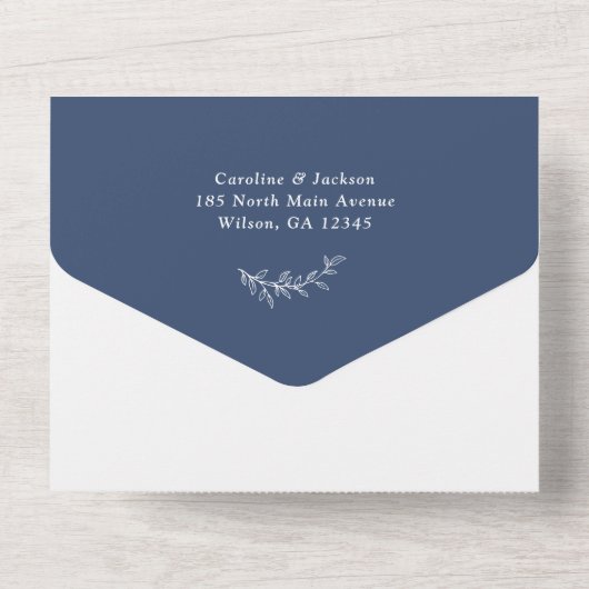 Elegante laurierkrans Blauwe Bruiloft Monogram Cre All In One Uitnodiging (Achterkant)