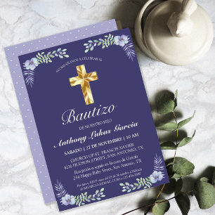 Elegante Lavanda Cruz De Oro Bautizo Bebé Invitati Kaart