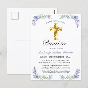 Elegante Lavanda Cruz De Oro Bautizo Invitación Briefkaart