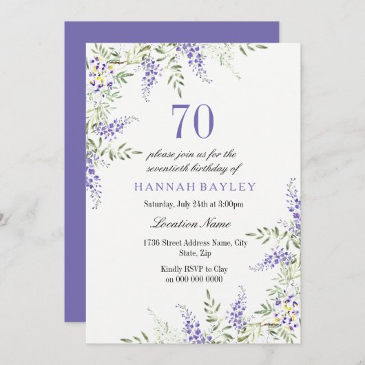 Élégante Lavande violette 70e Invitation d'anniver (Devant / Derrière)