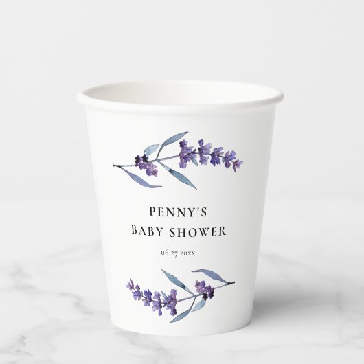 Elegante lavendel baby shower met bloemen papieren bekers (Voorkant)