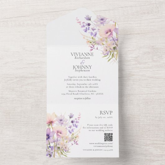 Elegante Lavendel Bloemen Wildbloemen QR RSVP All In One Uitnodiging (Binnen)