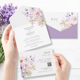 Elegante Lavendel Bloemen Wildbloemen QR RSVP All In One Uitnodiging