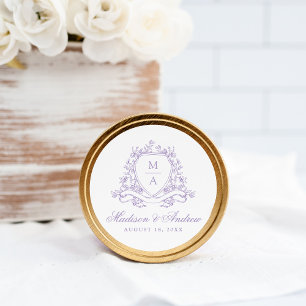 Elegante lavendel bloemenkroon monogram bruiloft ronde sticker