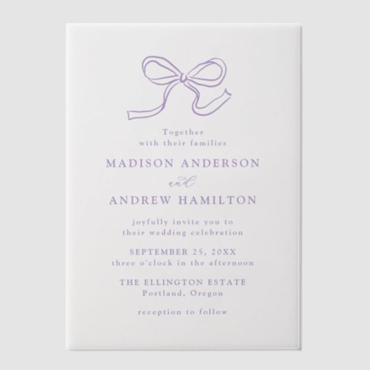 Elegante Lavendel Bow Wedding Vellum Uitnodigingen (Voorkant)