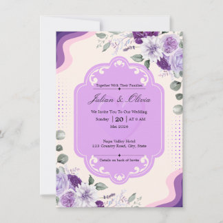 Elegante lavendel- en paarse bloemige bruiloft kaart