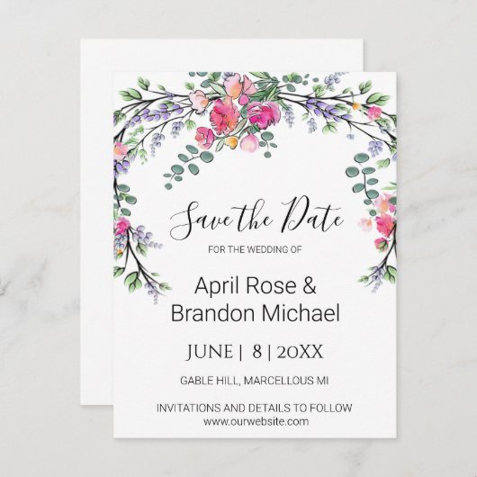 Elegante Lavendel Eucalyptus roze waterverf rozen Save The Date (Voorkant / Achterkant)
