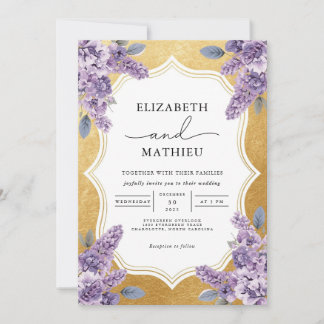 Elegante Lavendel Floral Gold Border Wedding Kaart