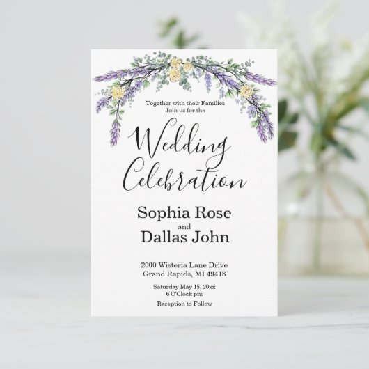 Elegante Lavendel Geel Rose Eucalyptus bruiloft Kaart (Staand voorkant)