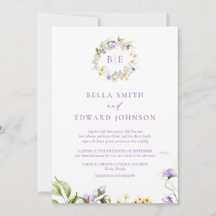 Elegante Lavendel & Gele Bloemen Monogram Bruiloft Kaart