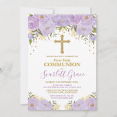 Elegante Lavendel & Goud Bloemen Heilige Communie Kaart (Voorkant)