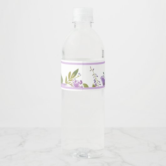 Elegante Lavendel Gouden Waterverf Bloemen Bruilof Waterfles Etiket (Achterkant)