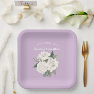 Elegante Lavendel Haze en Witte Rozen Bruiloft Papieren Bordje