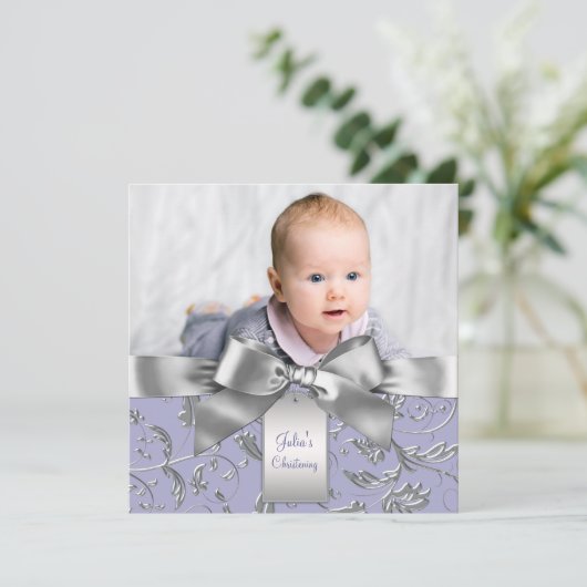 Elegante lavendel Paarse en grijze doop Kaart (Staand voorkant)