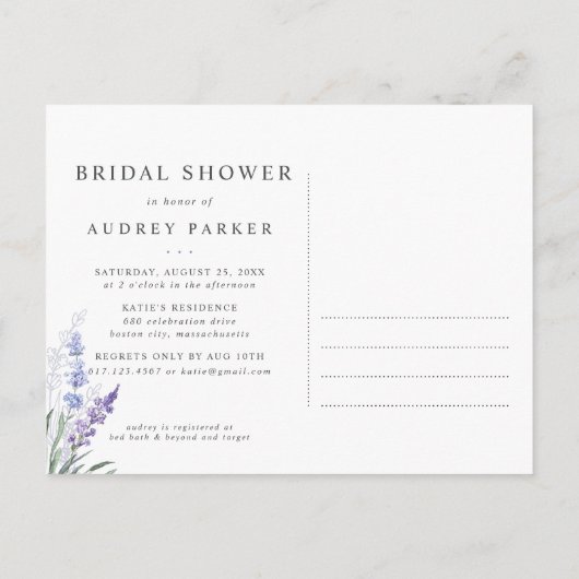 Elegante Lavendel Waterverf Bruiloftsborrel Uitnodiging Briefkaart (Achterkant)