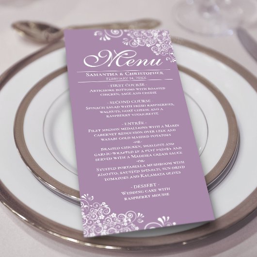Elegante Lavendel & Witte Frilly Hoeken Bruiloft Menu