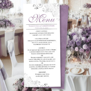 Elegante Lavendel & Zilveren Swirls op Witte Bruil Menu