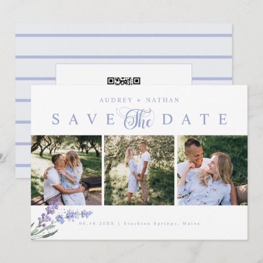 Elegante Lavendelbloem 3 Foto QR Code Save The Date (Voorkant / Achterkant)