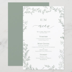 Elegante Leaf Sage Green Monogram Trouwmenu