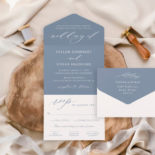 Elegante Leiste Blau Calligrafie Schrift Hochzeit All In One Uitnodiging