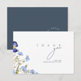 Elegante Leiste Blau Wilde Bloem Monogram Huwelijk Bedankkaart