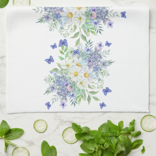 Elegante lente madeliefjes met blauwe vlinders theedoek (Gevouwen)