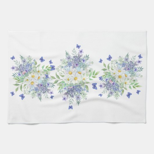 Elegante lente madeliefjes met blauwe vlinders theedoek (Horizontaal)