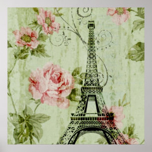 elegante lente mint roze florale paris eiffeltoren poster