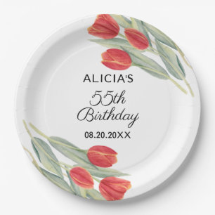 Elegante Lente Rode Tulp Flora 55e Verjaardag Papieren Bordje