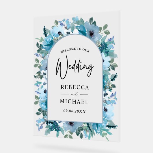 Elegante lente stoffige blauwe bloemen bruiloft we acryl bord (Hoek)