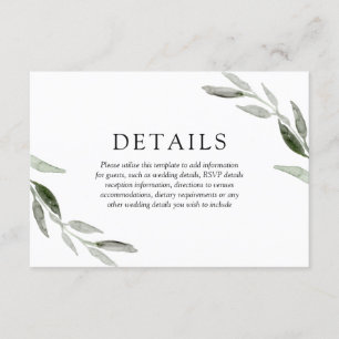 Elegante lente zomer groene blad huwelijksdetails informatiekaartje