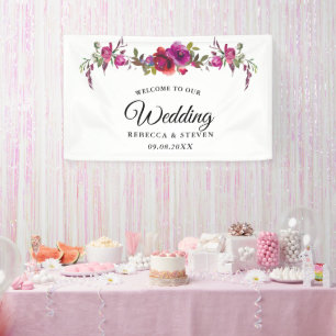 Elegante lente zomer roze paarse bloemen bruiloft spandoek