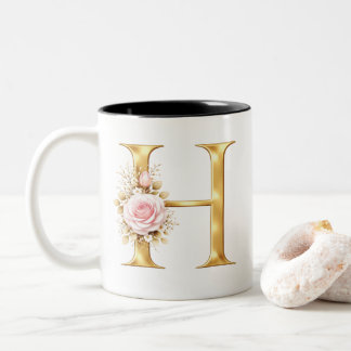 Elegante Letter H Bloem Monogram Tweekleurige Koffiemok