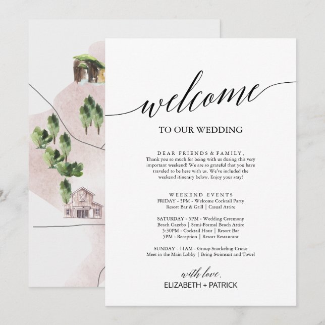 Élégante Lettre d'accueil noire Itinéraire & Carte (Devant / Derrière)