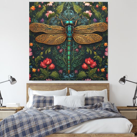 Elegante  libel boho botanische canvas afdruk (Insitu (Slaapkamer))