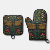 Elegante libel botanische art nouveau ovenwant & pannenlap set (Voorkant)