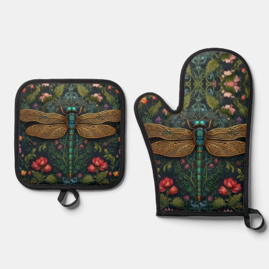Elegante libel botanische art nouveau ovenwant & pannenlap set (Voorkant)