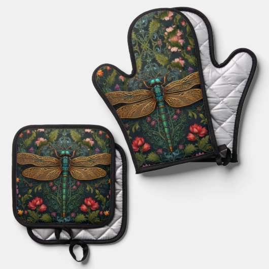 Elegante libel botanische art nouveau ovenwant & pannenlap set (Voorkant / Achterkant)