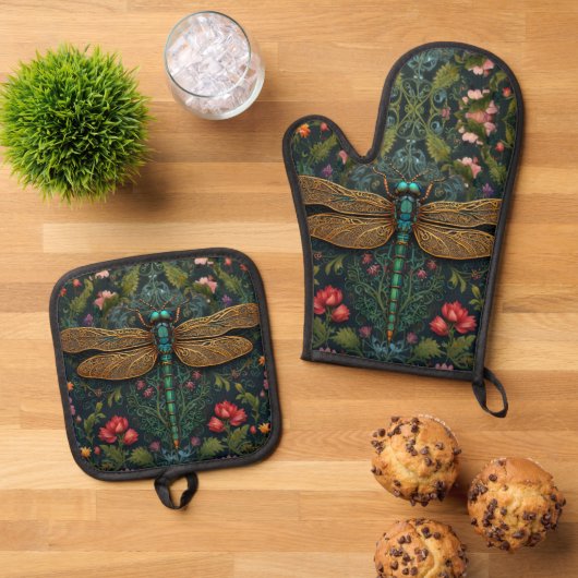 Elegante libel botanische art nouveau ovenwant & pannenlap set (Top down)