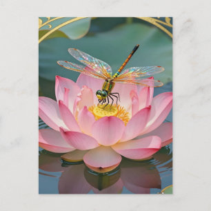 Elegante Libel Pink Lotus Art Nouveau Lijst Briefkaart