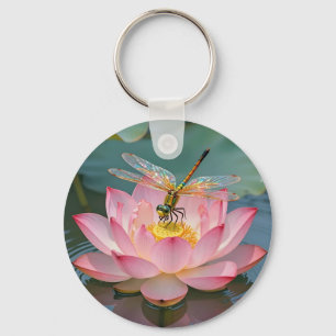 Elegante Libelle Roze Lotus Art Nouveau Lijst Sleutelhanger