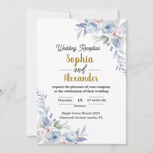 Elegante lichtblauwe bloemen bruiloft uitnodiging (Voorkant)