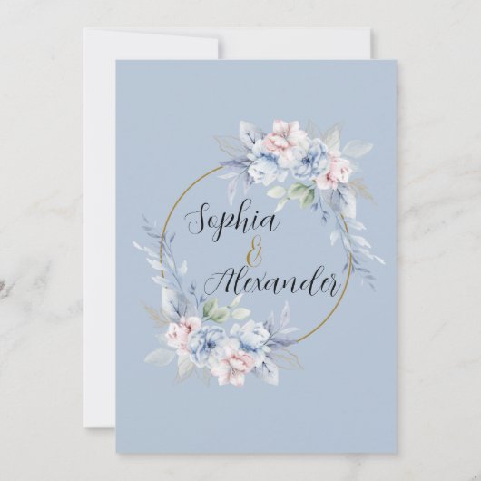 Elegante lichtblauwe bloemen bruiloft uitnodiging (Achterkant)