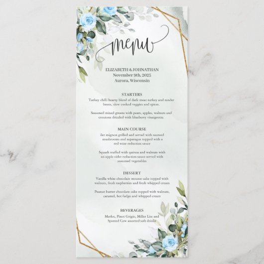 Elegante lichtblauwe bloemen eucalyptus en goud menu (Voorkant)
