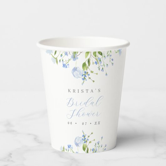Elegante lichtblauwe bloemige bruidsuitnodiging papieren bekers (Achterkant)