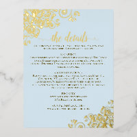Elegante lichtblauwe & gouden folie bruiloft detai